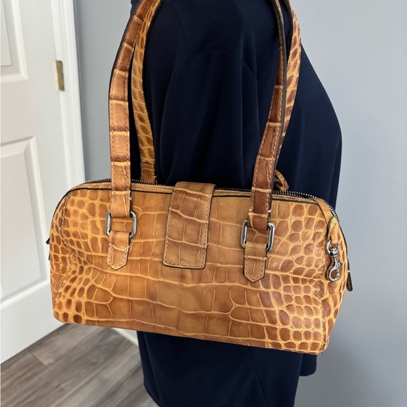 Dooney & Bourke Croc Embossed Leather Barrel Satchel – Honey Tan - Picture 2 of 6